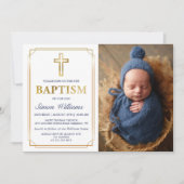 モダンゴールドフレーム グリッター ネイビーブルー 洗礼写真 招待状 (正面)
