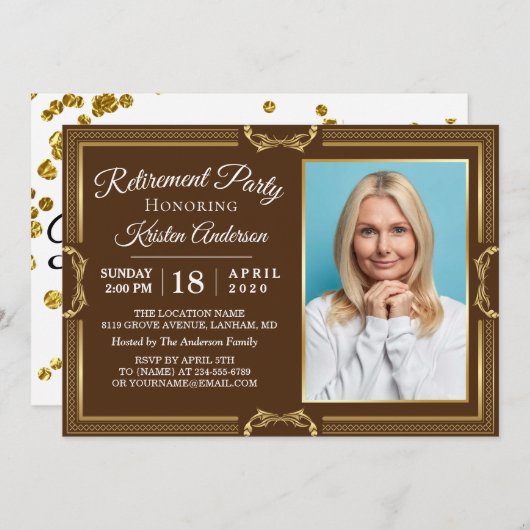 モダンゴールドブラウン写真退職パーティー 招待状 (正面/裏面)