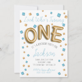 モダンゴールドホイルバルーン 1歳の誕生日招待状 招待状