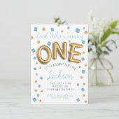 モダンゴールドホイルバルーン 1歳の誕生日招待状 招待状 (スタンド正面)