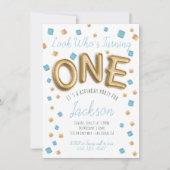 モダンゴールドホイルバルーン 1歳の誕生日招待状 招待状 (正面)