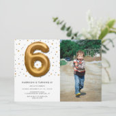 モダンゴールドホイルバルーン 6歳誕生日写真 招待状 (スタンド正面)