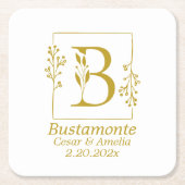 モダンゴールドボタニカルレターB スクエアペーパーコースター (正面)