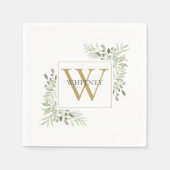 モダンゴールドモノグラムグリーン フローラル ナプキン スタンダードカクテルナプキン (正面)