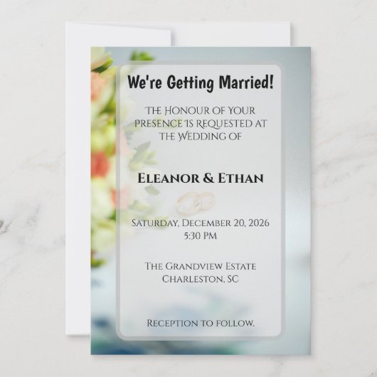 モダンゴールドリング & フラワーボーダーエンゲージメント 招待状 (正面)