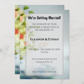 モダンゴールドリング & フラワーボーダーエンゲージメント 招待状 (正面/裏面)