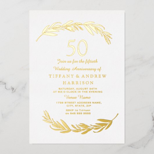 モダンゴールドリーフホイル 50周年結婚記念日 箔招待状 (正面)