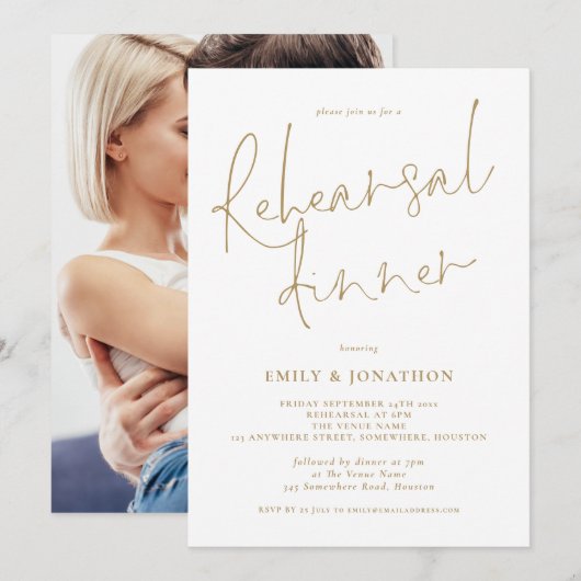 モダンゴールド筆記体写真ウェディングリハーサルディナー 招待状 (正面/裏面)