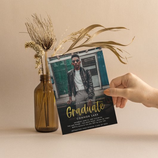 モダンゴールド箔 卒業パーティー2枚組写真招待状 招待状