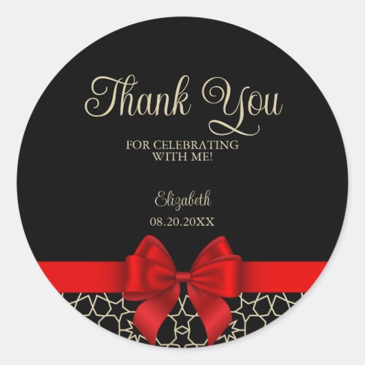 モダンゴールド エジプト幾何学 赤いリボン お礼 黒 ラウンドシール (正面)