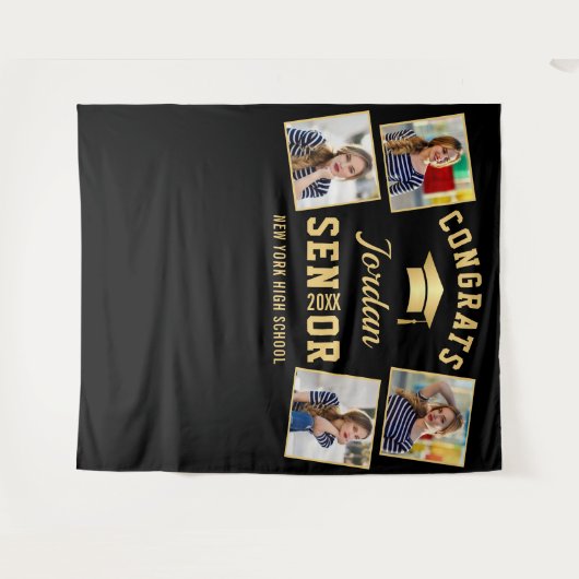 モダンゴールド ブラック 卒業写真撮影用背景 タペストリー (正面(横))