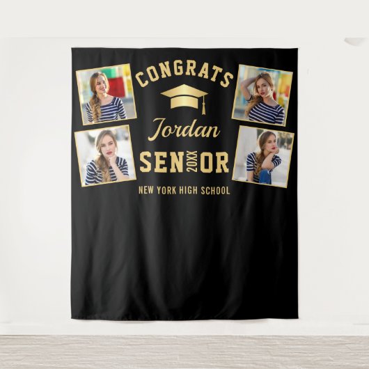 モダンゴールド ブラック 卒業写真撮影用背景 タペストリー (正面)