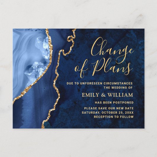 モダンゴールド ブルーマーブル 変更日程延期 ポストカード (正面)