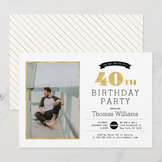 モダンゴールド 40歳誕生日パーティー フォト招待状 招待状 (正面/裏面)