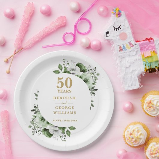 モダンゴールド 50周年 結婚記念日のグリーン ペーパープレート (パーティー)