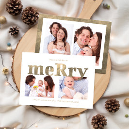 モダンゴールド「Merry」タイポグラフィーフォト家族 シーズンカード