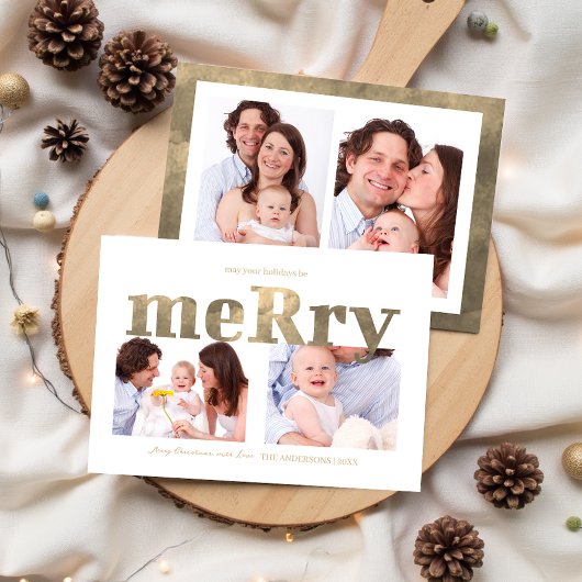 モダンゴールド「Merry」タイポグラフィーフォト家族 シーズンカード