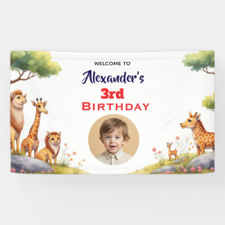 モダンサファリ動物キッズニュートラル誕生日パーティー 横断幕