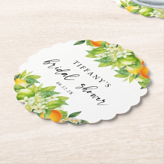 モダンサマーオレンジ レモン シトラス ブライダルシャワー ペーパーコースター (アングル)