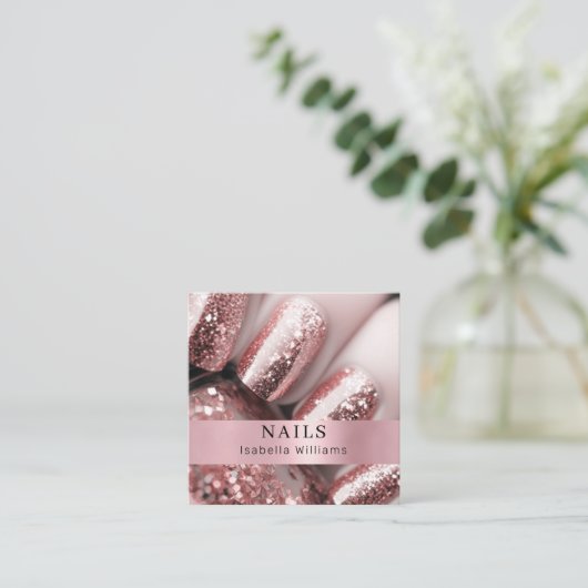 モダンサロンロセゴールドグリッター爪、 ネイル スクエア名刺 (スタンド正面)