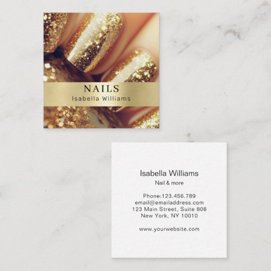モダンサロン金ゴールドグリッター爪、 ネイル スクエア名刺 (正面/裏面)