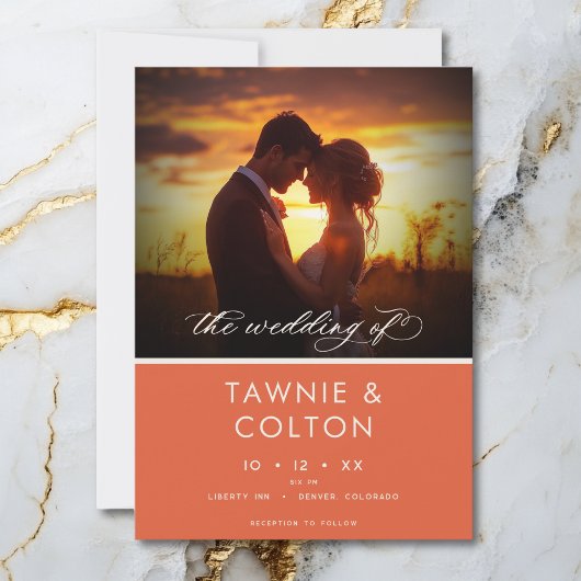 モダンサンセットオレンミニマルジ結婚Photo's 箔招待状