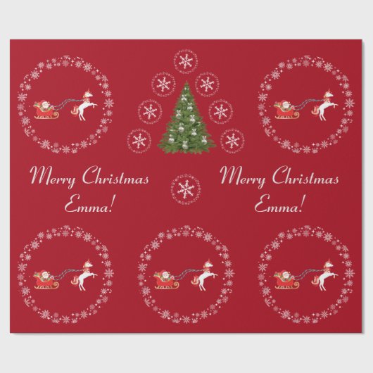 モダンサンタユニコーンパーソナライズされたネームメリークリスマス ラッピングペーパー (フラット)