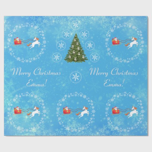 モダンサンタユニコーンパーソナライズされたネームメリークリスマス ラッピングペーパー (フラット)