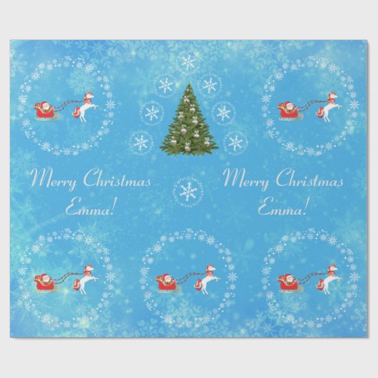 モダンサンタユニコーンパーソナライズされたネームメリークリスマス ラッピングペーパー (フラット)