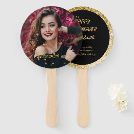 モダンシックなブラックと金ゴールドの甘さ16 ハンドファン (正面&裏面)