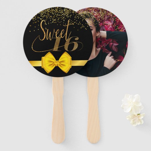 モダンシックなブラックと金ゴールドの甘さ16 hand f ハンドファン (正面&裏面)