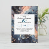 モダンシックエレガントネイビーブルー&ピーチマーブル 招待状 (スタンド正面)