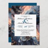 モダンシックエレガントネイビーブルー&ピーチマーブル 招待状 (正面/裏面)