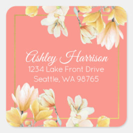 モダンシックゴールドコーラルフローラルリターンアドレス スクエアシール
