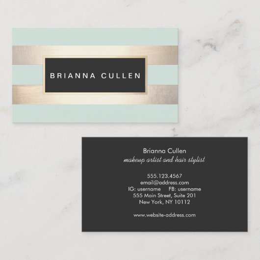 モダンシックストライプのゴフェイクールとターコイズ 名刺 (正面/裏面)