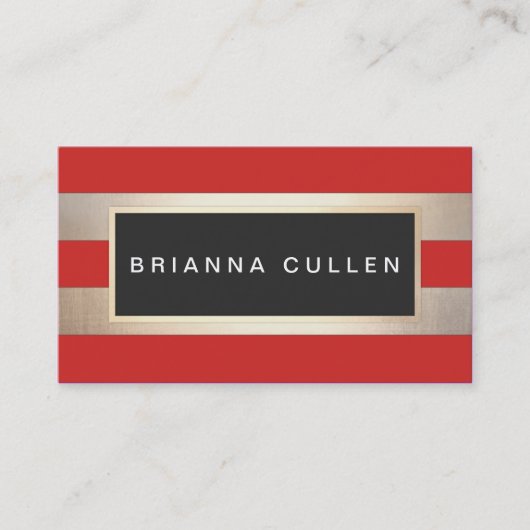 モダンシックストライプのゴールド箔レッド 名刺 (正面)
