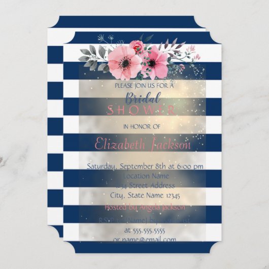 モダンシックストライプのフラワーズブライダルシャワー 招待状 (正面/裏面)