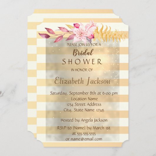 モダンシックストライプのフラワーズブライダルシャワー 招待状 (正面/裏面)