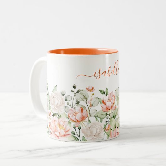 モダンシックパーソナライズされたな水色フローラガーリー ツートーンマグカップ (正面左)