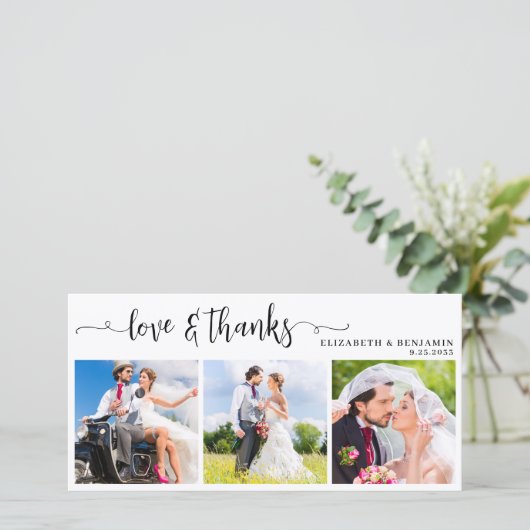 モダンシックパーソナライズされた3結婚写真 サンキューカード (スタンド正面)