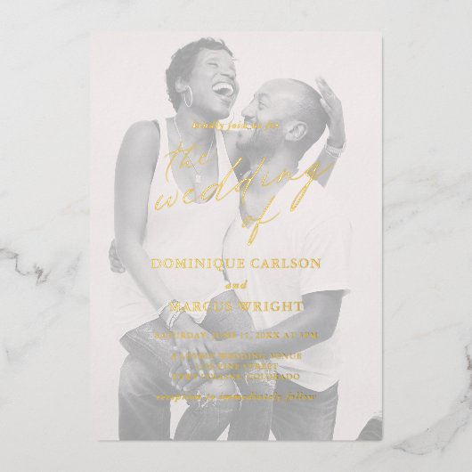 モダンシック書シンプル道写真の結婚金ゴールド 箔招待状 (正面)