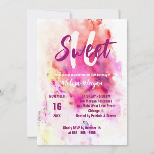 モダンシック芸術的ウォーターカラースウィート16誕生日 招待状 (正面)