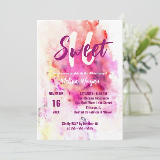 モダンシック芸術的ウォーターカラースウィート16誕生日 招待状 (スタンド正面)