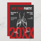 モダンシャンパン応援ダークレッド新年パーティー 招待状 (正面/裏面)