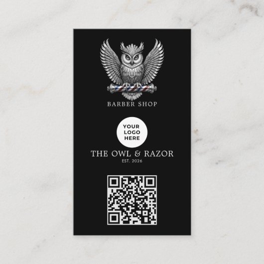 モダンシルバーアウル理容店ロゴQRコード 名刺 (正面)