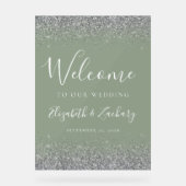 モダンシルバーグリッターセージグリーン結婚式ウェルカム アクリルサイン (正面)