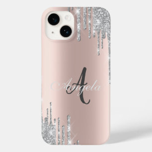 モダンシルバーグリッタードロップス、ローズゴールド、モノグラム Case-Mate iPhone 14ケース