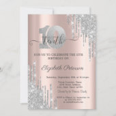 モダンシルバーグリッター垂れ 10歳の誕生日招待状 招待状 (正面)