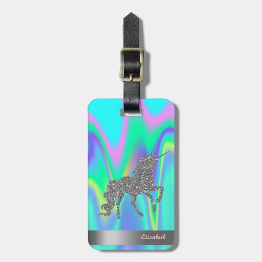 モダンシルバーグリッター ユニコーン, ホログラフィック ラゲッジタグ (正面縦)