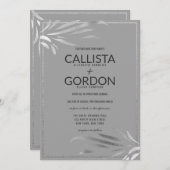 モダンシルバーグレイ葉グリッター縁どズ 招待状 (正面/裏面)